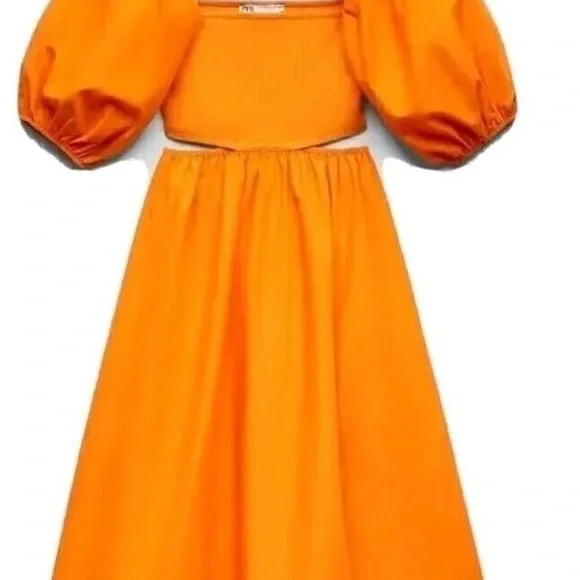 Zara Orange Puff Sleeve Cut Out Dress - Picture 3 of 5